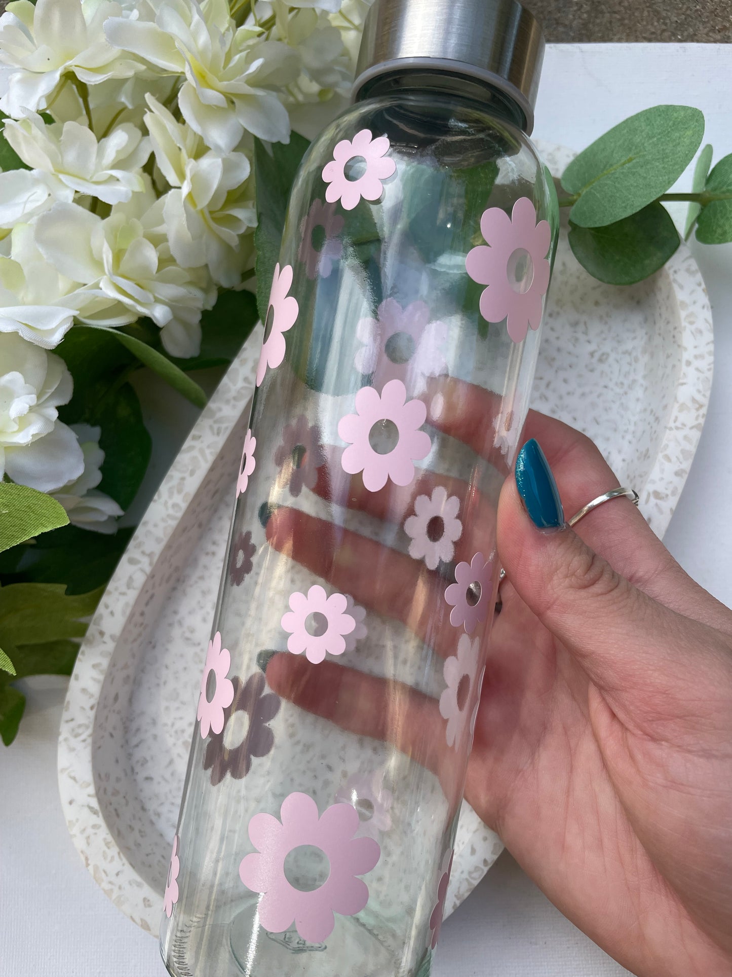 Pink Flower Glass Drink Bottle - 18oz