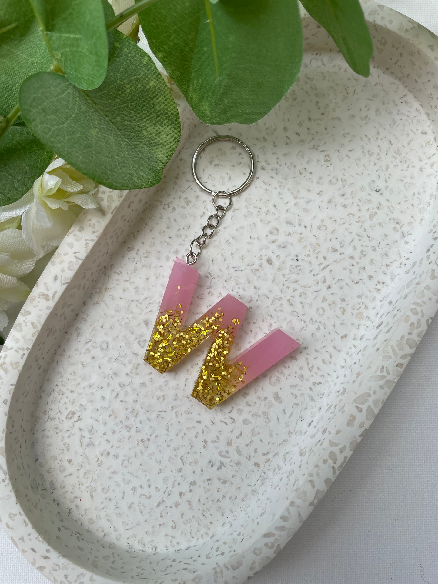 Pink and Gold Glitter Resin Letter Keyring