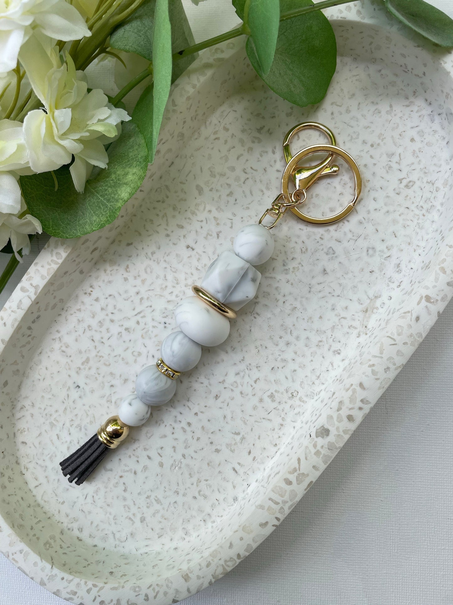 White Marble and Gold Keyring